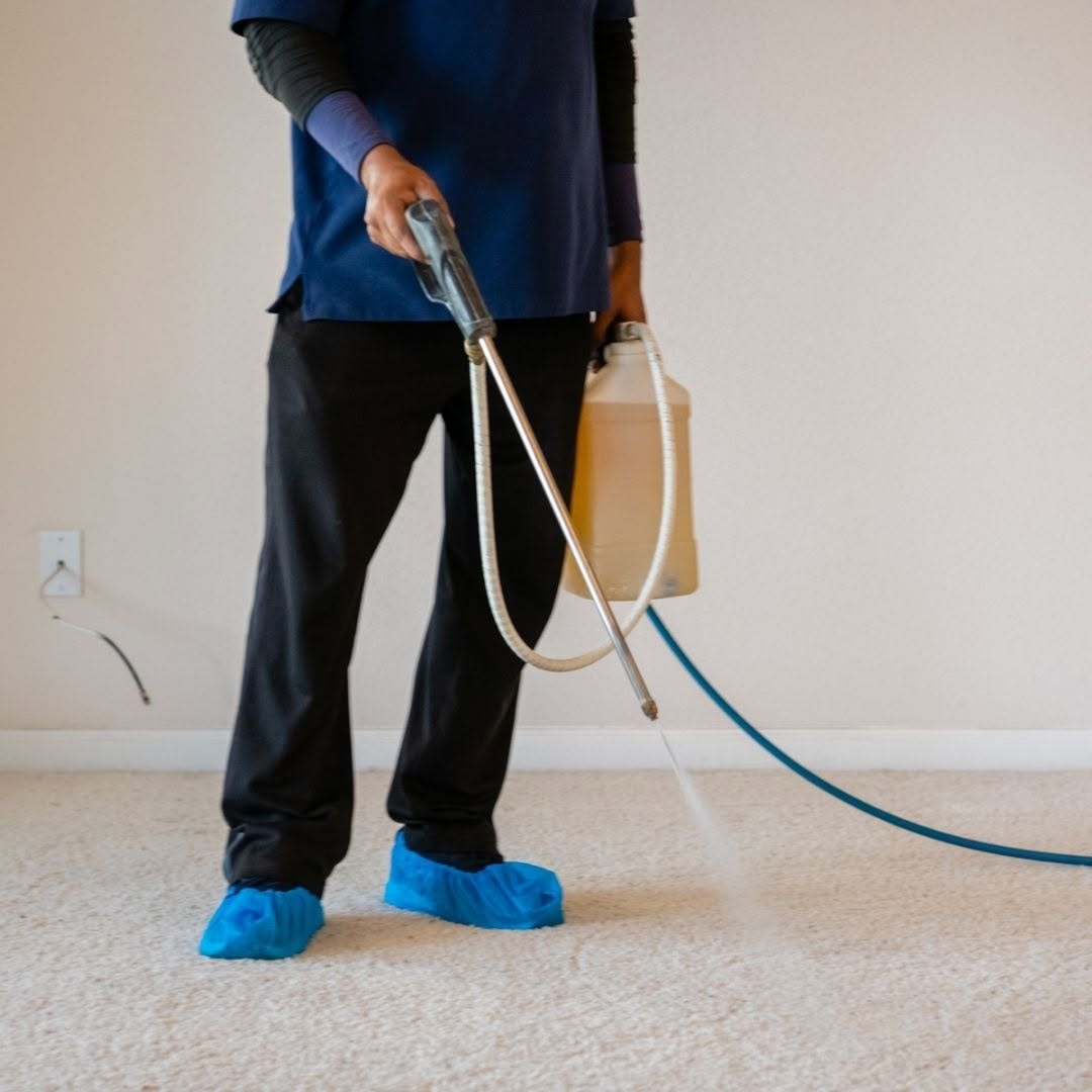 Technician spraying pre-treatment on carpet before cleaning